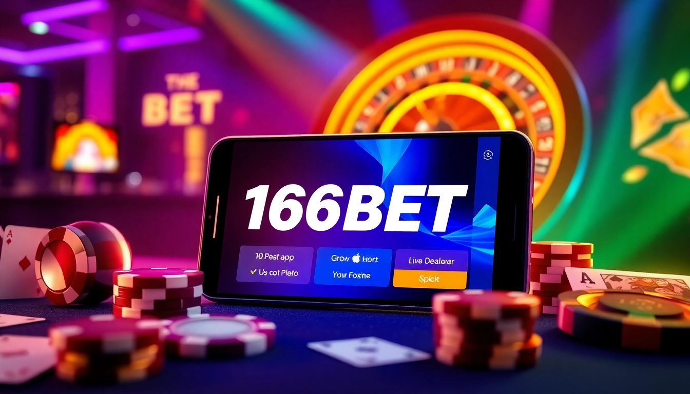 Experience the thrill of gambling with 166bet Download highlighted on a smartphone amid casino elements.