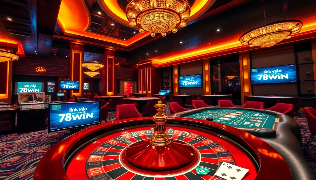 Engage in thrilling gameplay with link vào 78WIN, showcasing vibrant casino elements like poker chips and roulette wheels.
