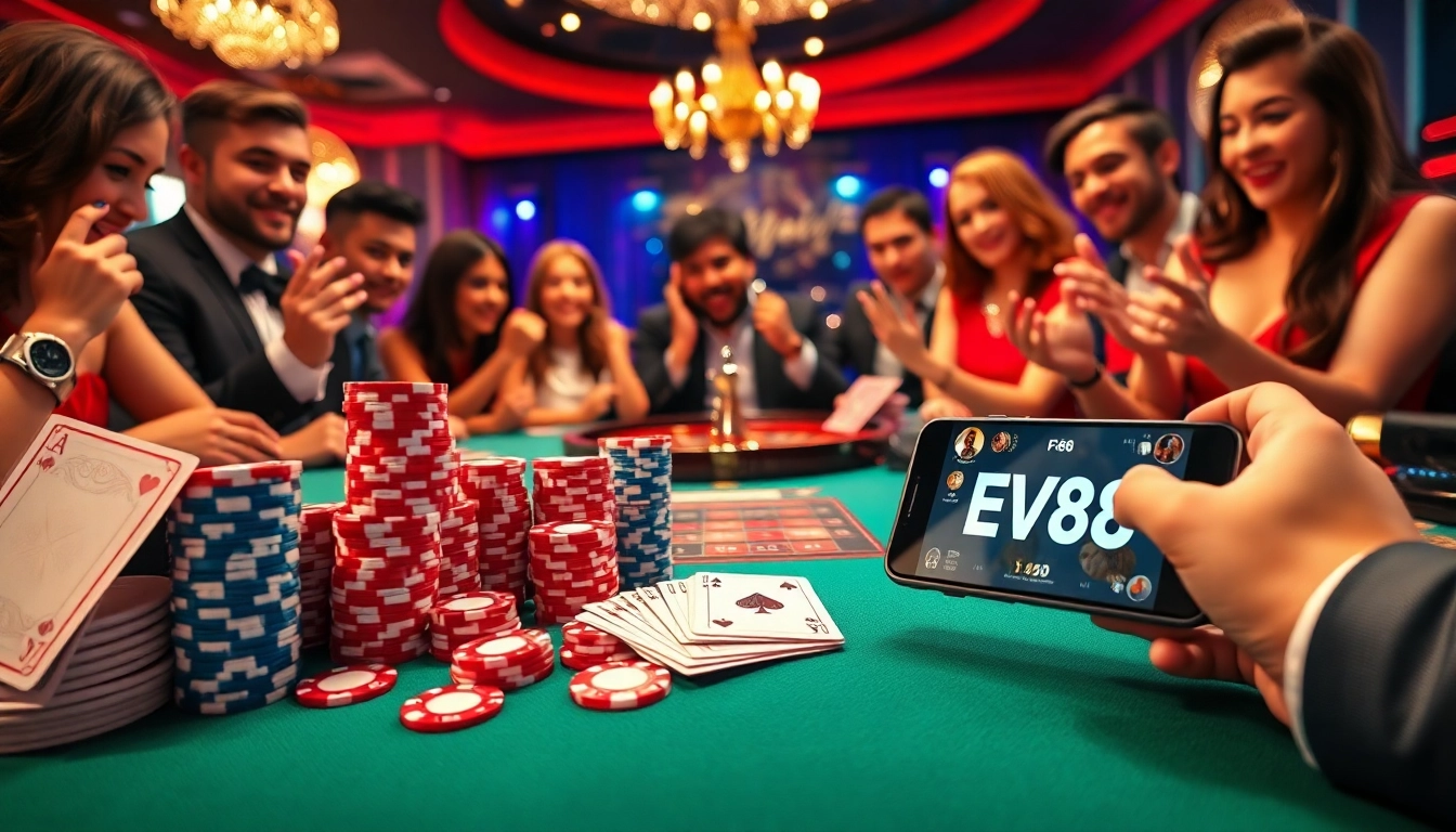 Engaging poker scene at https://ev88.claims/ showcasing vibrant poker chips and playing cards.