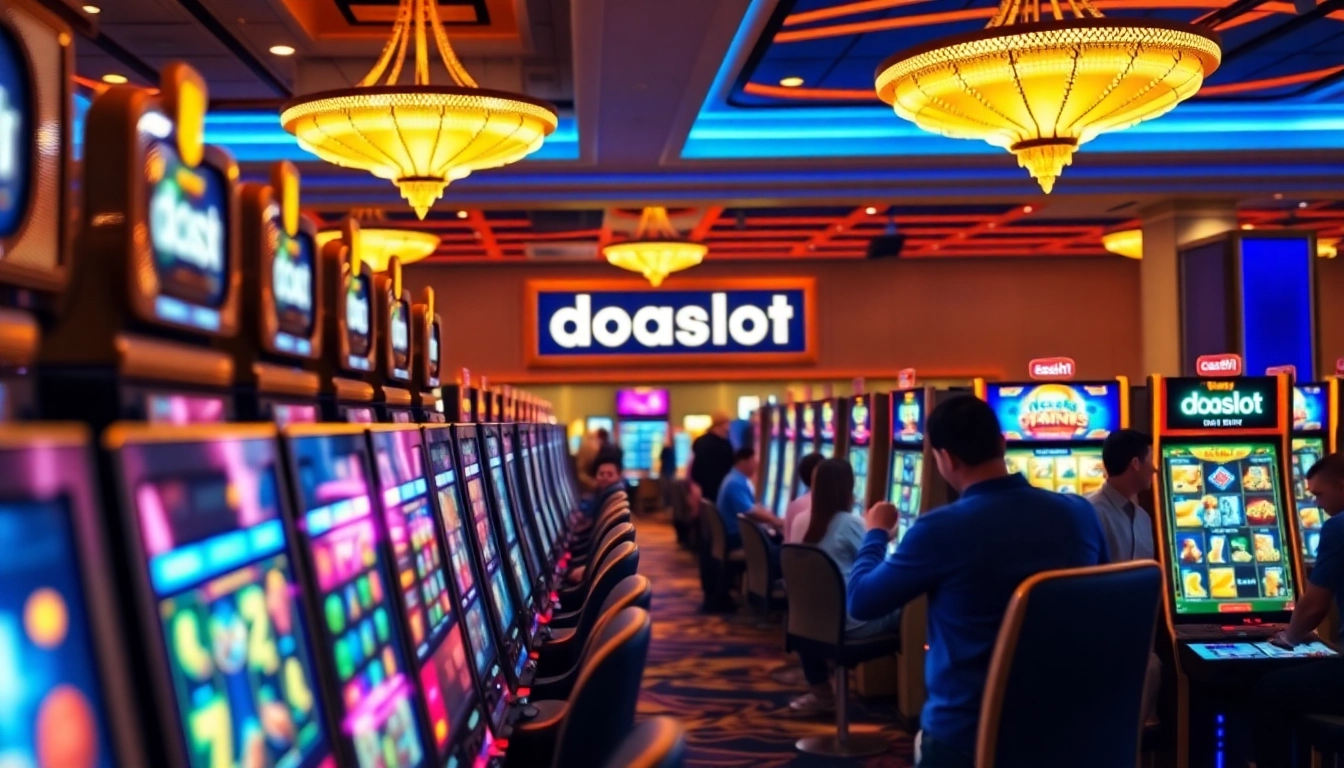 Vibrant scene of players enjoying digital slot games at doaslot's online casino platform, showcasing excitement and luxury.