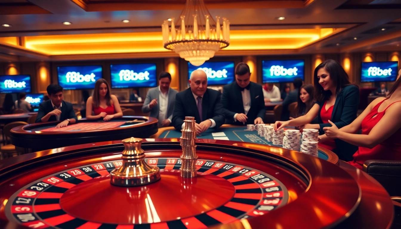 Excited players engaging in f8bet online gambling at a luxurious casino table.