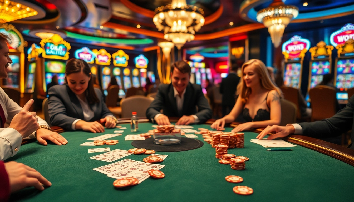 Players enjoying a thrilling poker game at the renowned go8 casino, showcasing vibrant chips and cards.