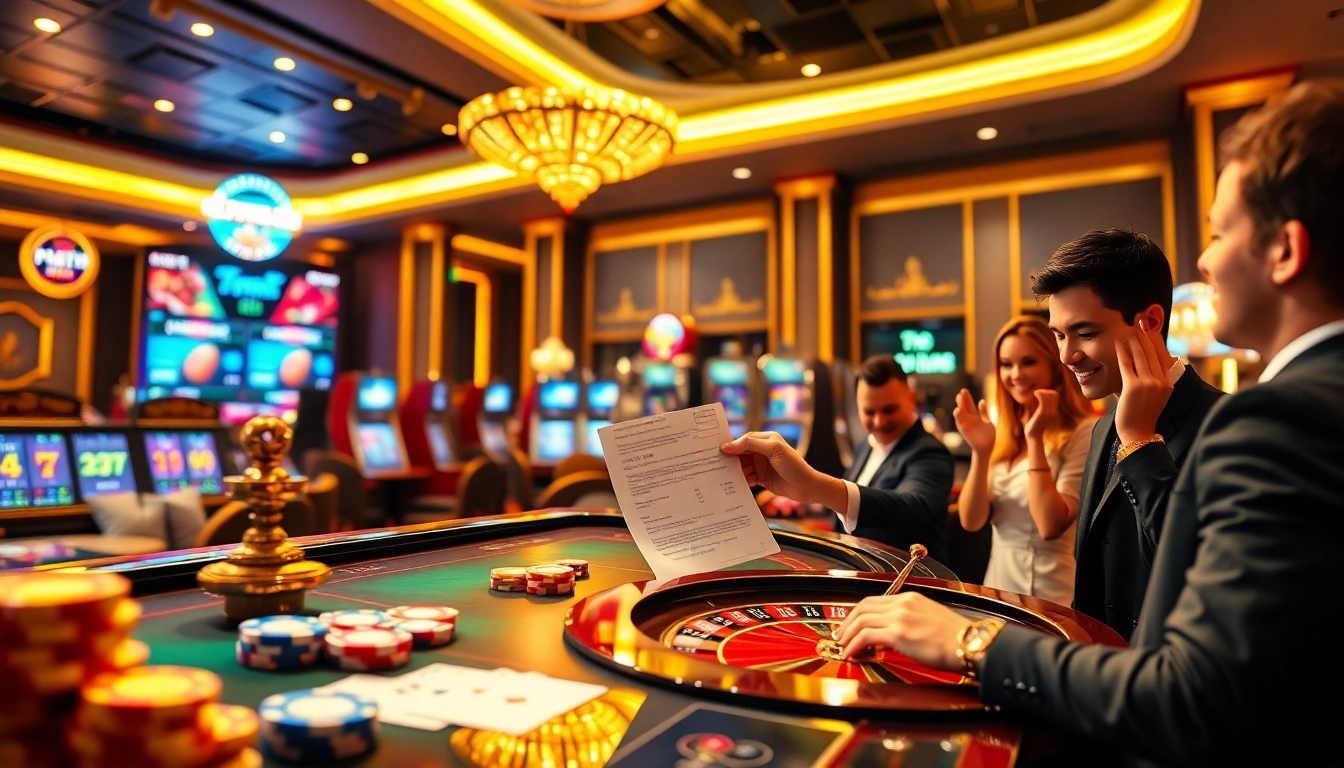 The excitement of online gambling at https://mm88.bar/ showcased through vibrant casino elements like poker chips and slot machines.