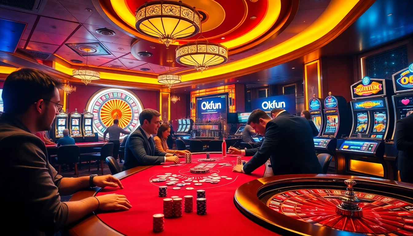 Players engaging in poker at a vibrant casino scene, highlighting Okfun's exciting betting atmosphere.