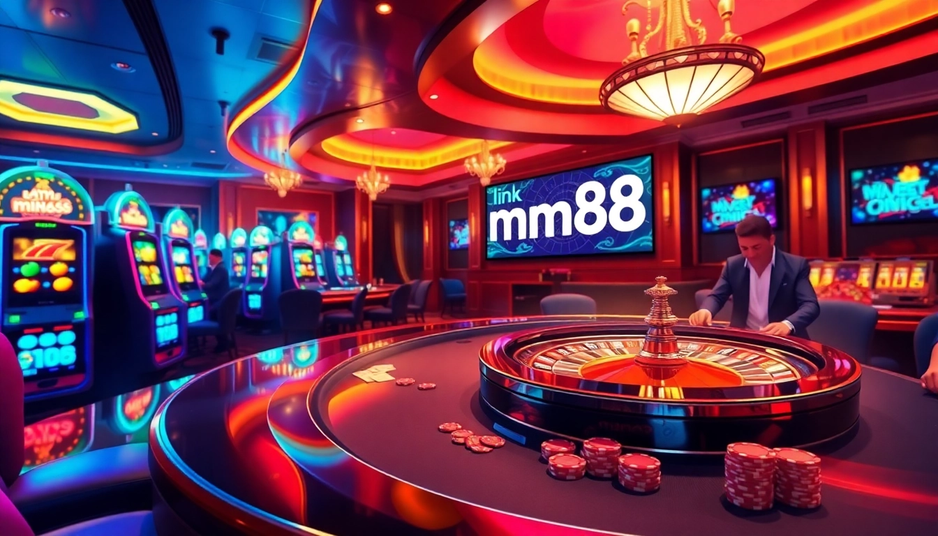 Engage with the exciting gaming world at link mm88, showcasing vibrant casino elements and professional gamblers.