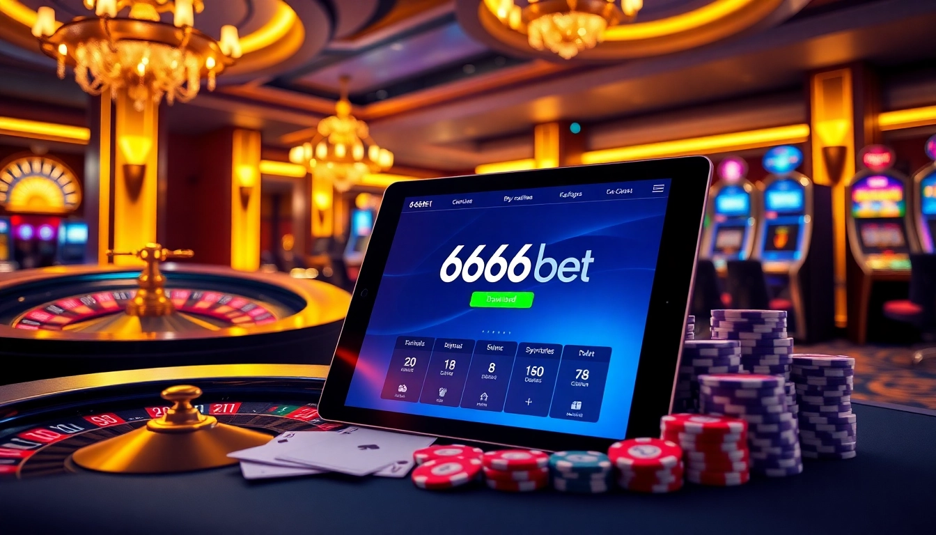 Experience the excitement of online gaming with 6666bet Download on a sleek tablet surrounded by casino elements.