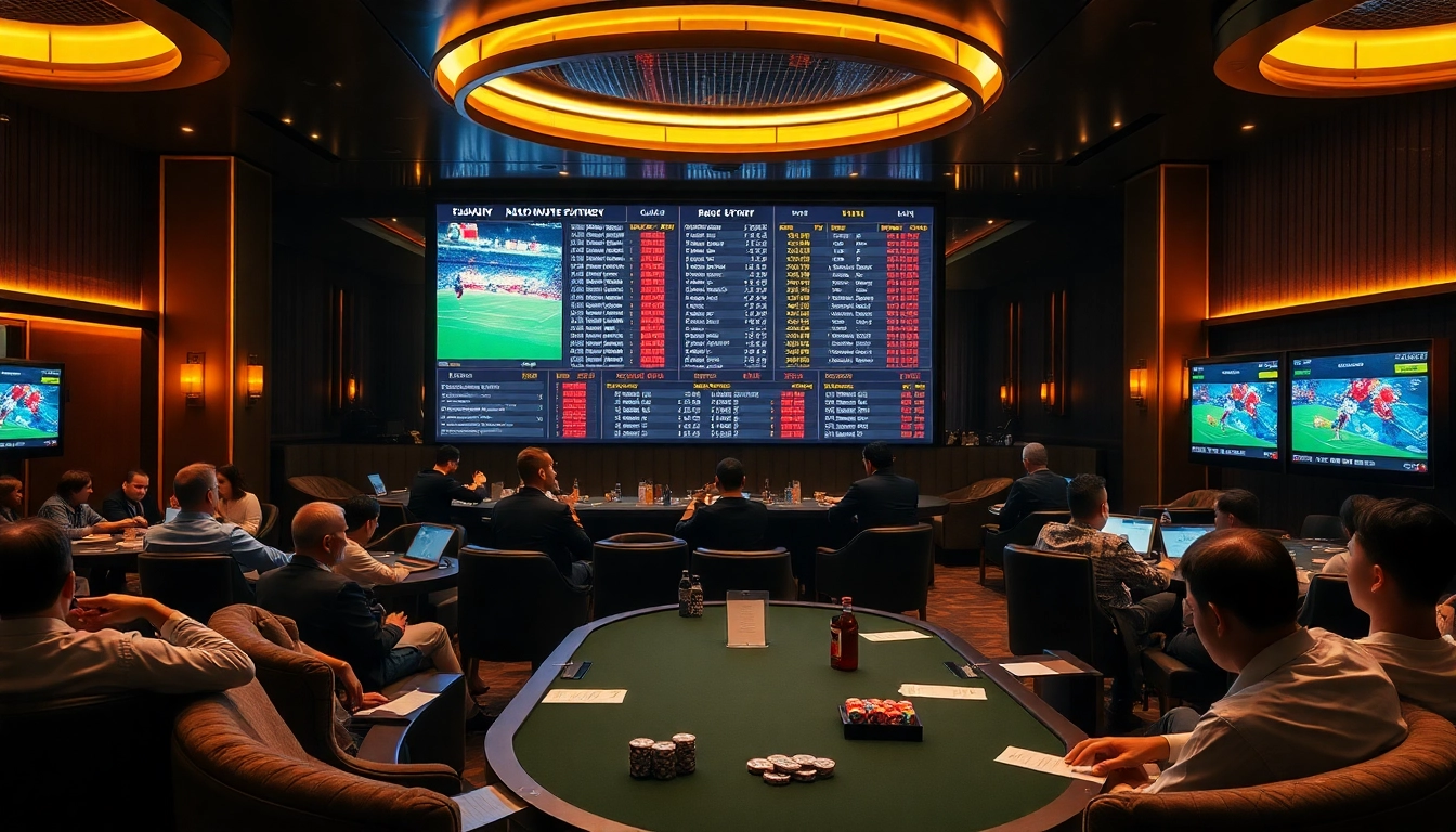 Gamblers engaging in Kèo châu Á betting at a luxurious sports lounge with live match displays.