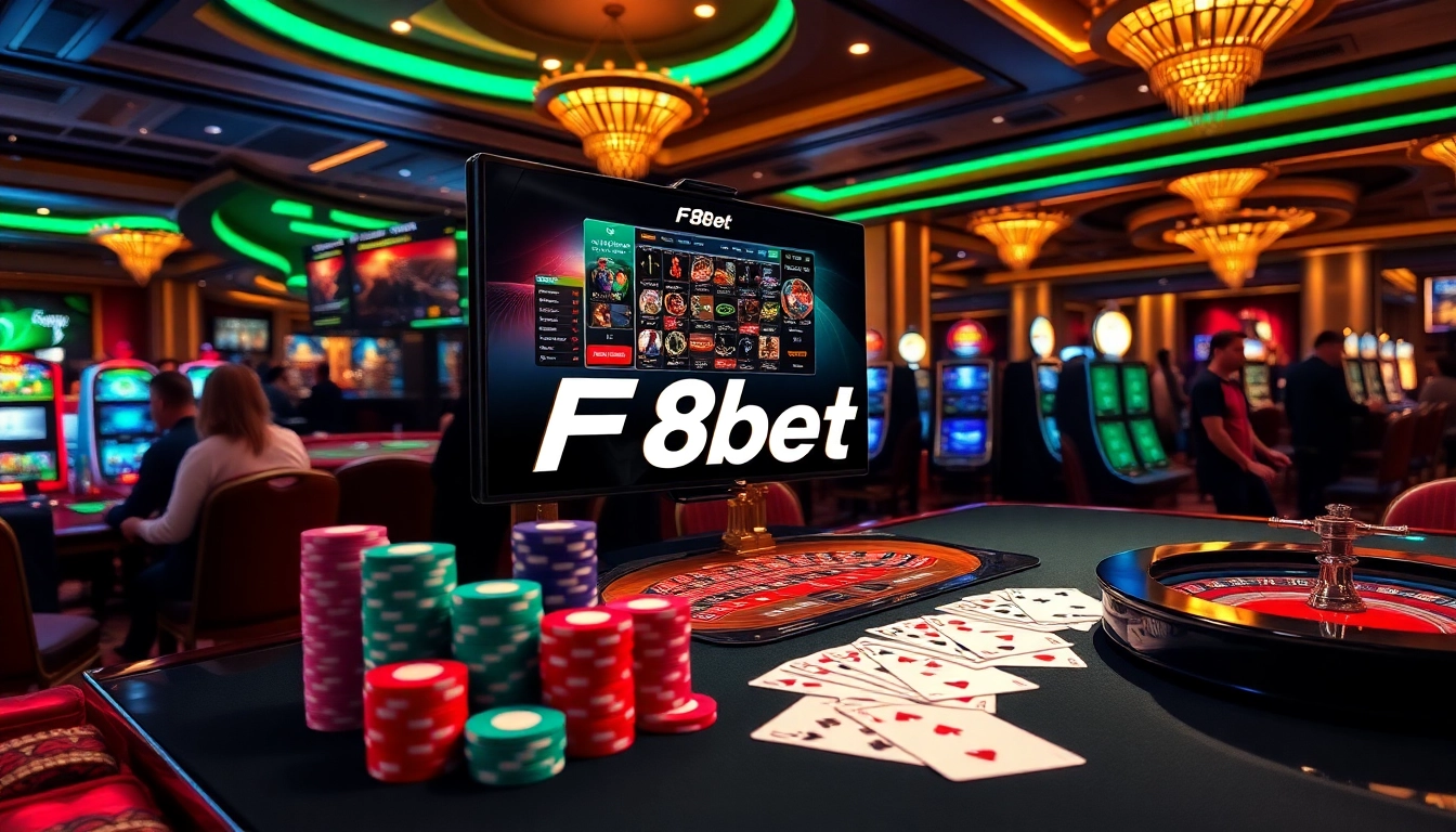 Experience the excitement of F8bet online gambling with vibrant poker chips, a roulette wheel, and casino games.