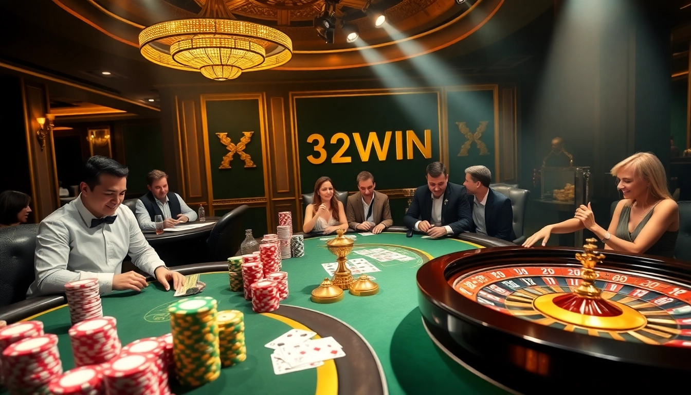 Players at a luxurious 32WIN casino table engaged in poker and blackjack.