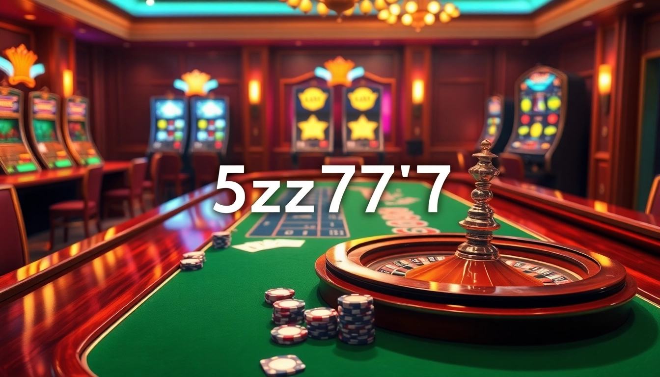 Engage with 5z777 at a vibrant casino table filled with poker chips, cards, and a roulette wheel.