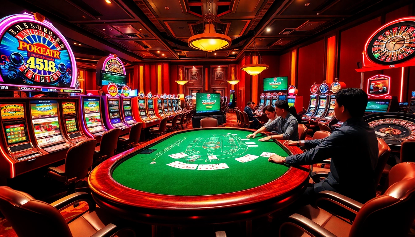 Experience the thrill of apiraja88 with a vibrant casino scene featuring poker, slots, and roulette.