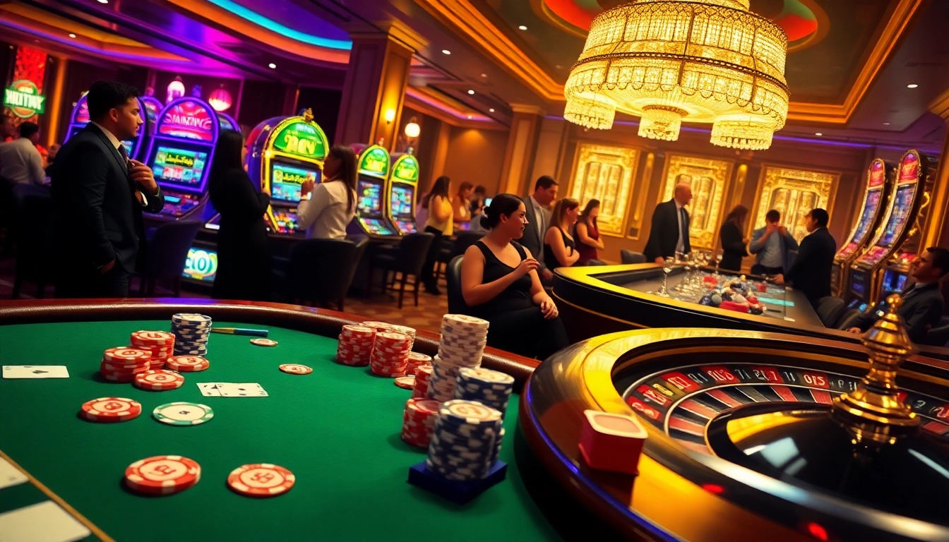 Players enjoying a thrilling game night at Rikvip casino with vibrant poker and slot machines.
