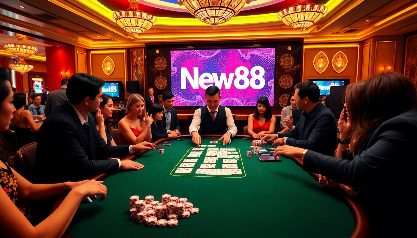 Players enjoying blackjack at New88 casino, highlighting vibrant ambiance and luxurious design.
