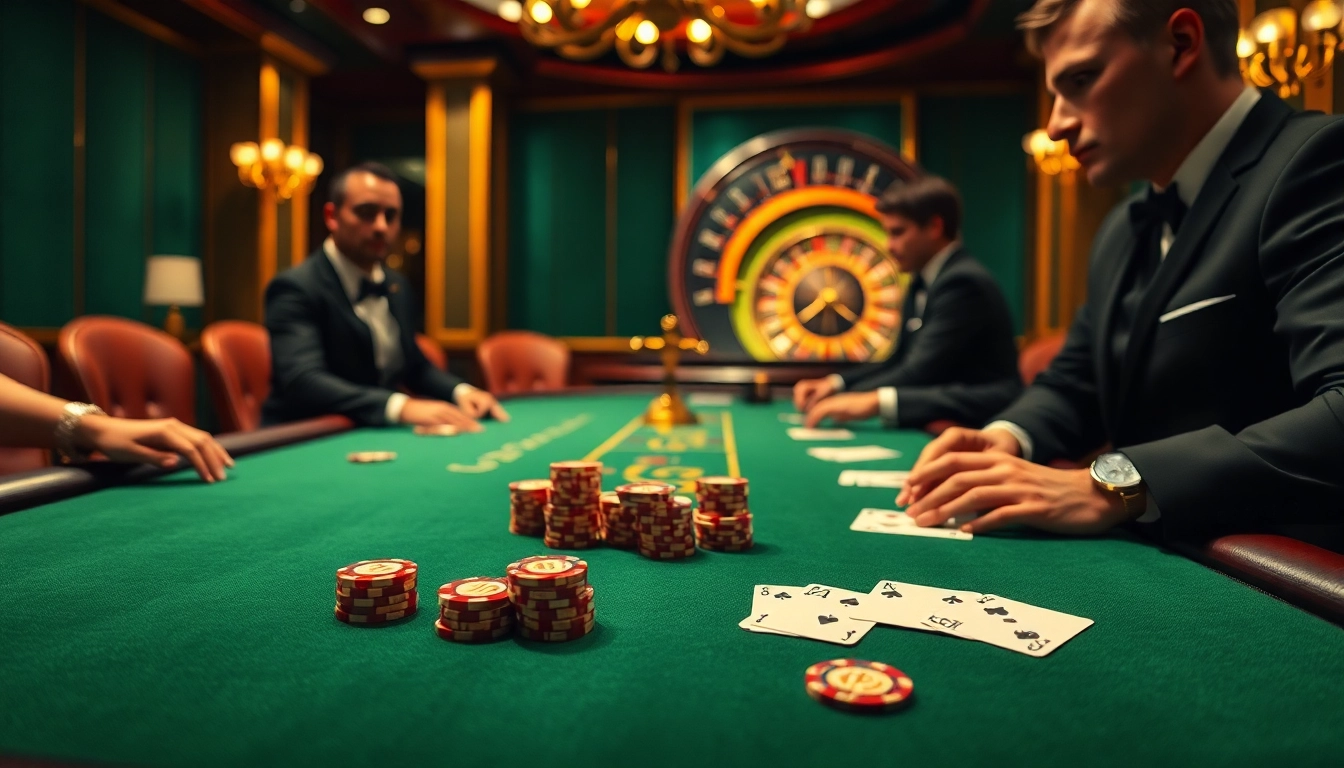 Players engaging in a thrilling poker game at a DH 88-themed casino table with vibrant chips and cards.
