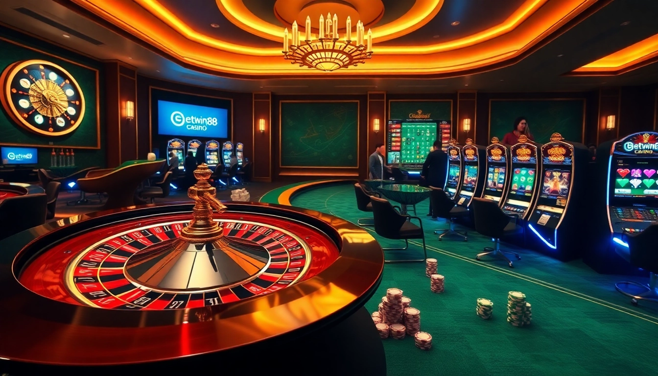 Engaged gamblers enjoy the excitement at Betwin88 casino with vibrant slot machines and roulette.