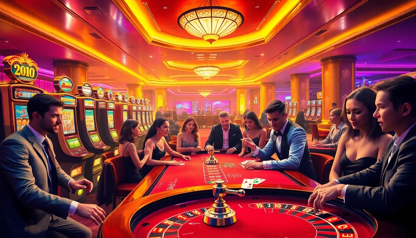 Exciting casino scene with players engaging in games, showcasing go8 branding amidst luxurious slot machines.
