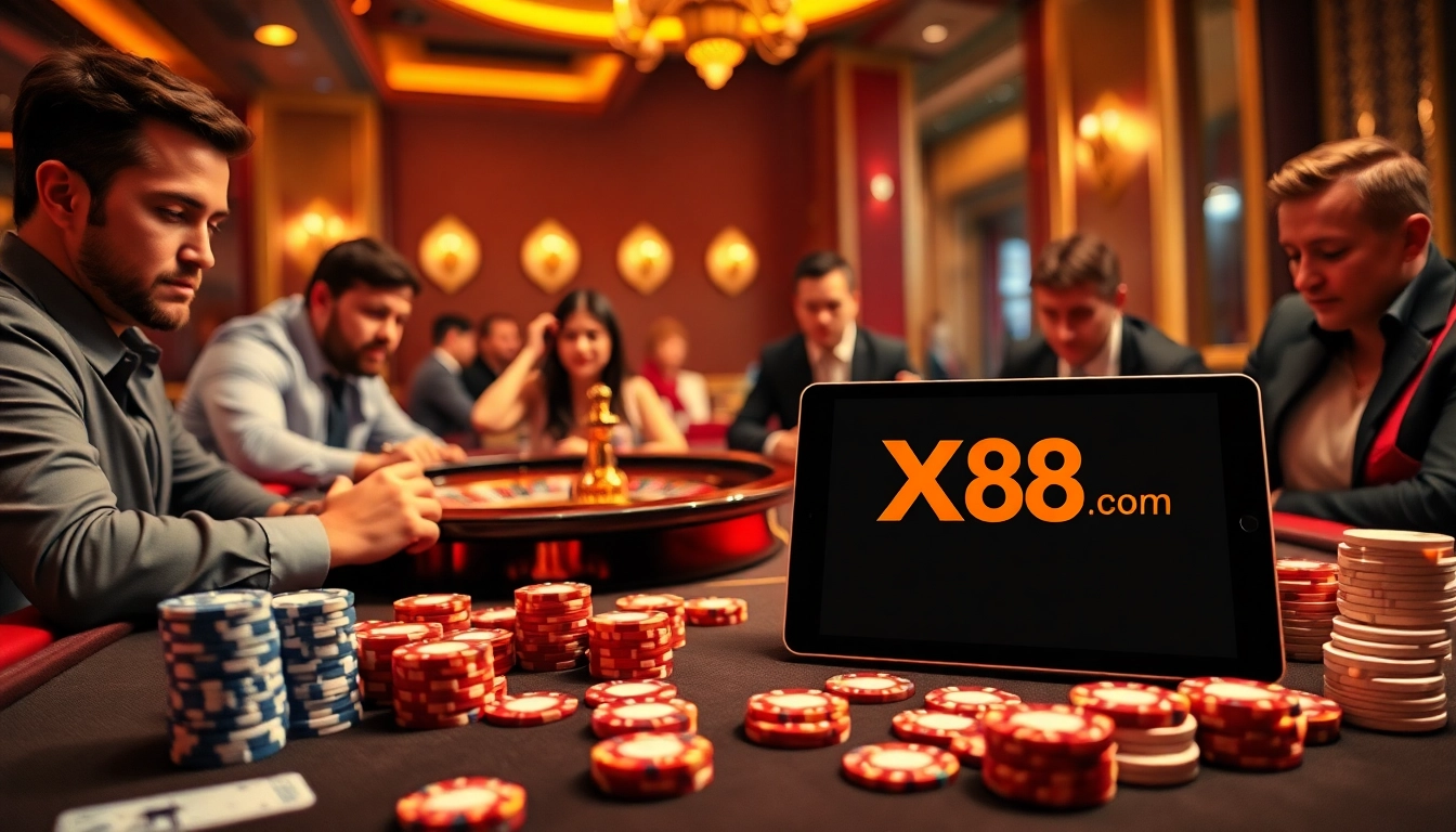X88 com players enjoying a roulette game in a vibrant casino environment.