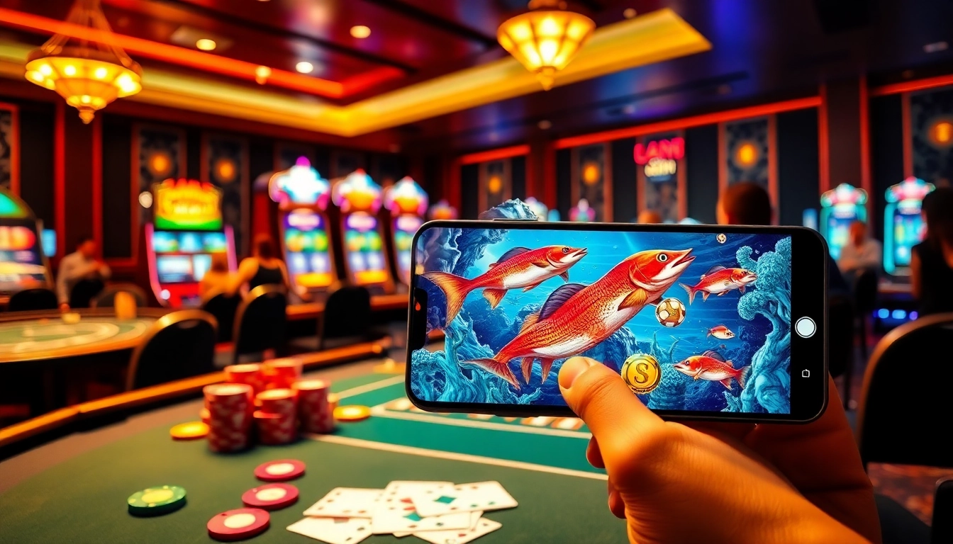 Bắn cá đổi thưởng action scene featuring lively players at a casino table with vibrant slot machines.