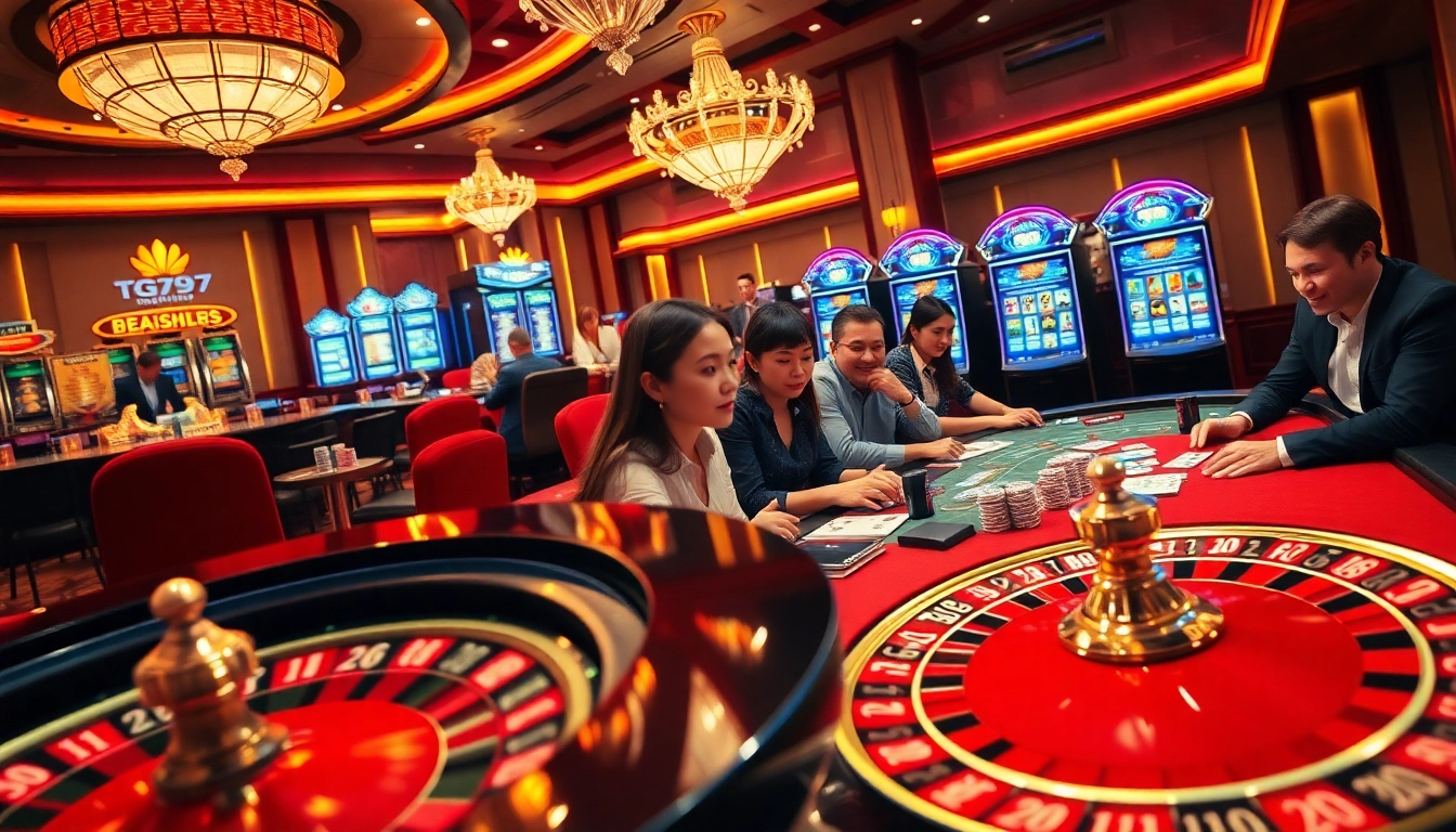 Players enjoying thrilling games at TG777 casino, showcasing vibrant atmosphere and rich gaming elements.