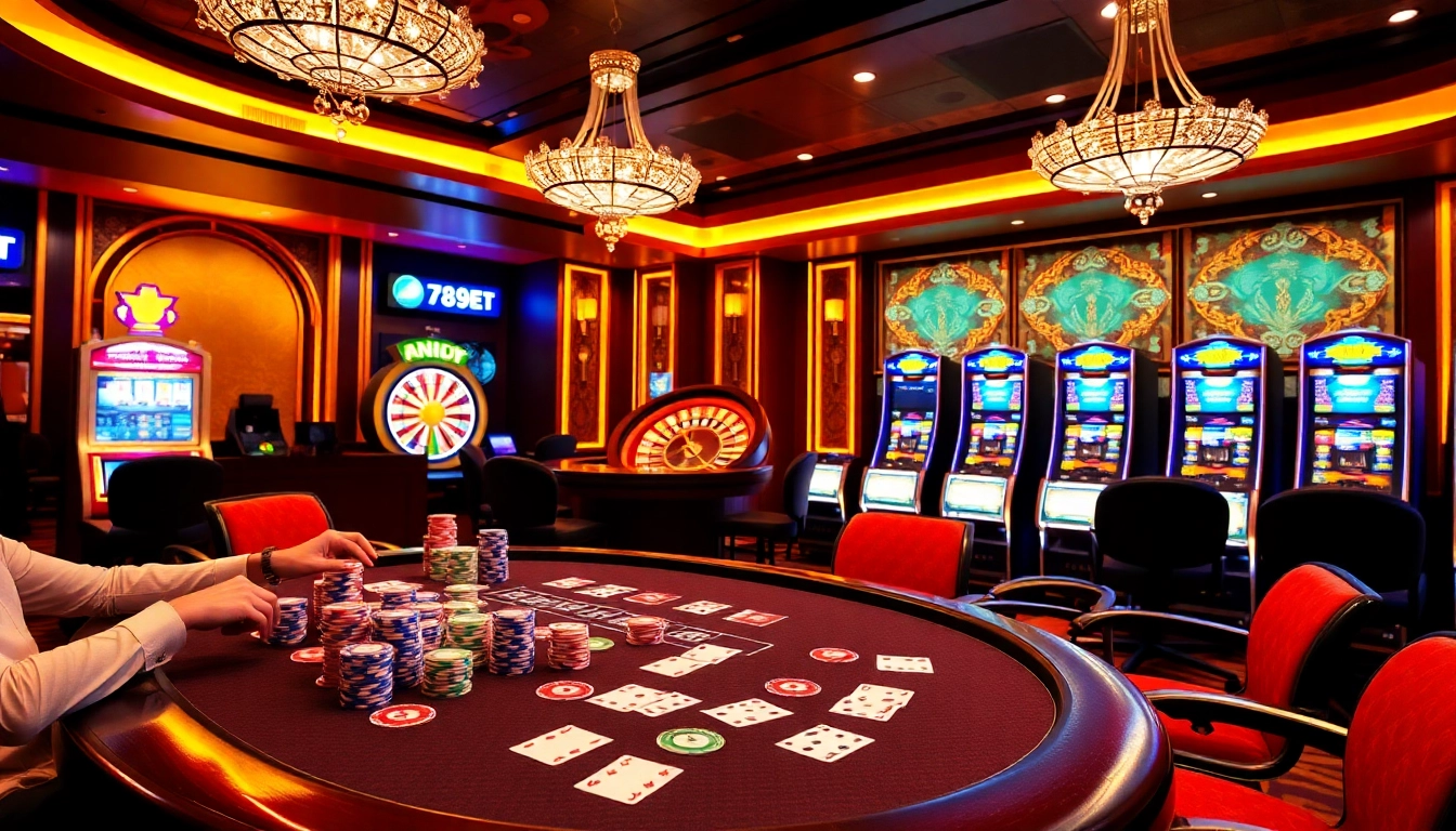 Engaged players at a vibrant 789BET casino table enjoying a lively poker game.