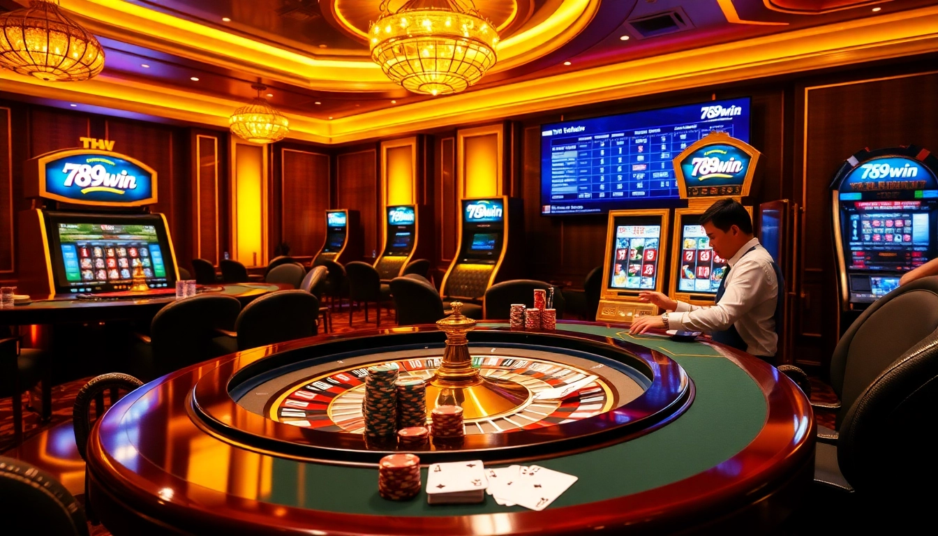 Experience the excitement of gambling at 789win with vibrant casino visuals of poker chips and roulette tables.