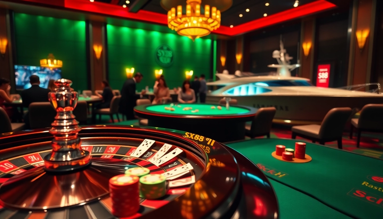 SX88 poker players engage in high-stakes action at a dazzling casino table.