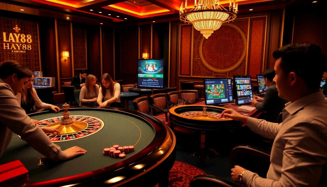Players engaging in thrilling HAY88 casino games with vibrant visuals and professional atmosphere.
