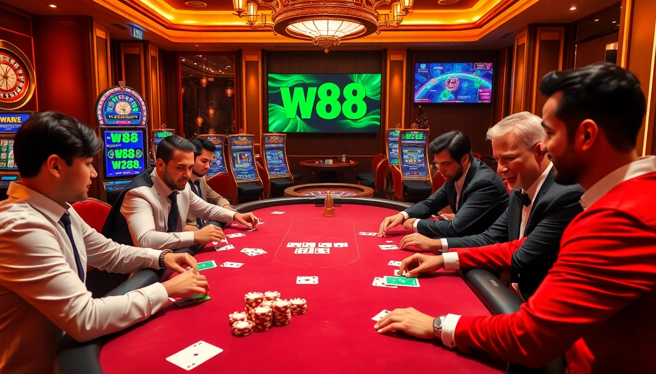 Experience thrilling poker action at W88's elegant casino table with dynamic mobile gaming elements.