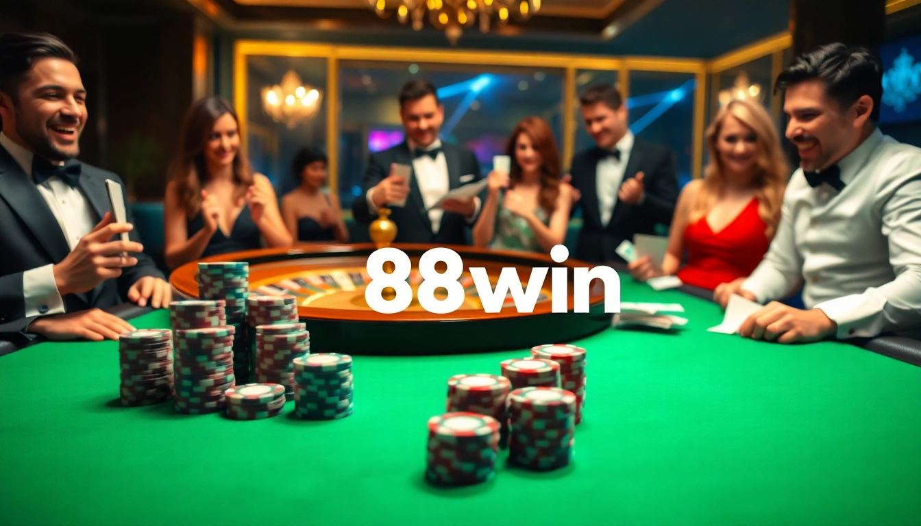 Players engaging in a thrilling poker game at 58win, surrounded by casino glamour and excitement.