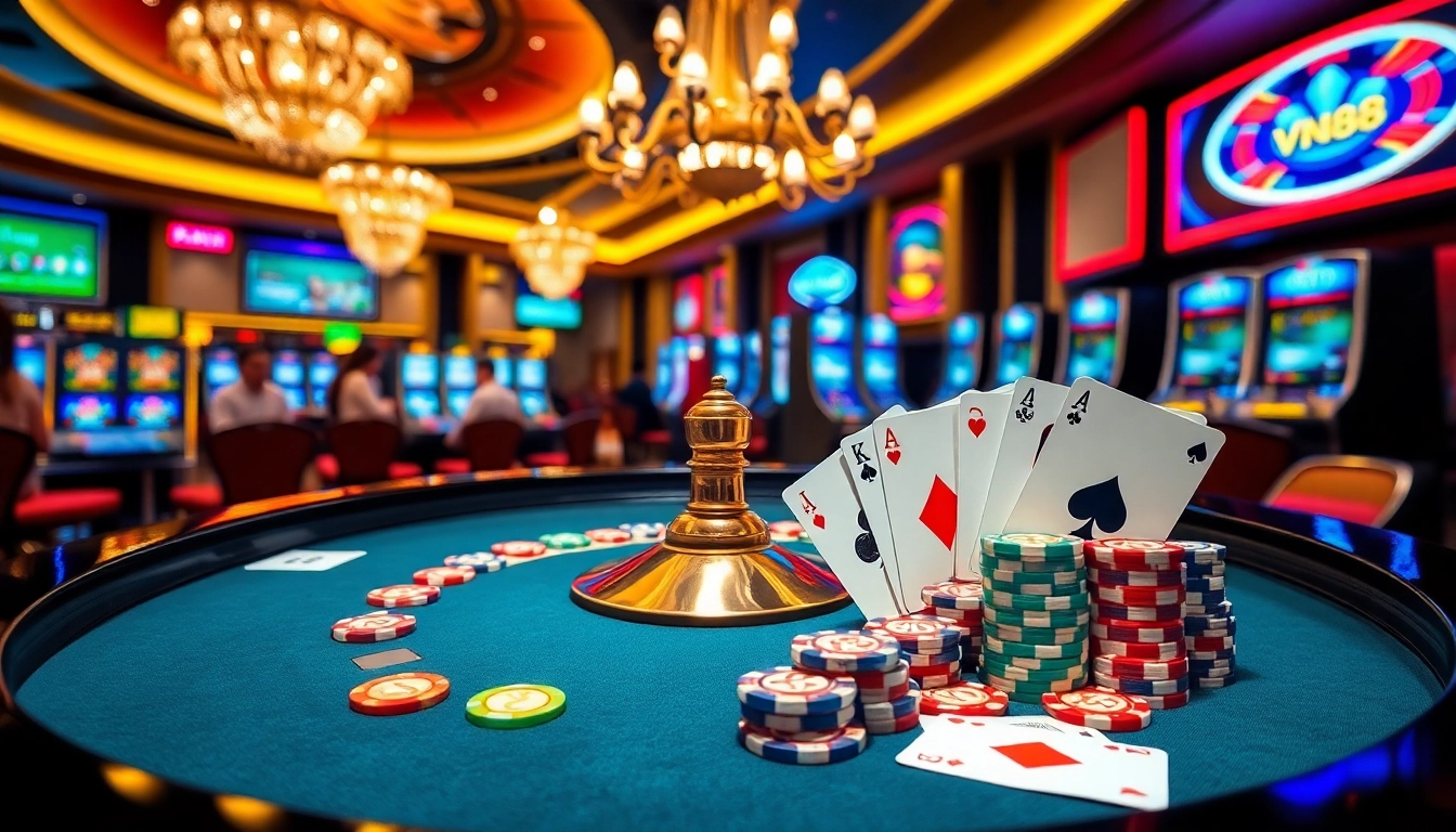 Experience the excitement of VN88 with vibrant casino action featuring poker tables and roulette wheels.