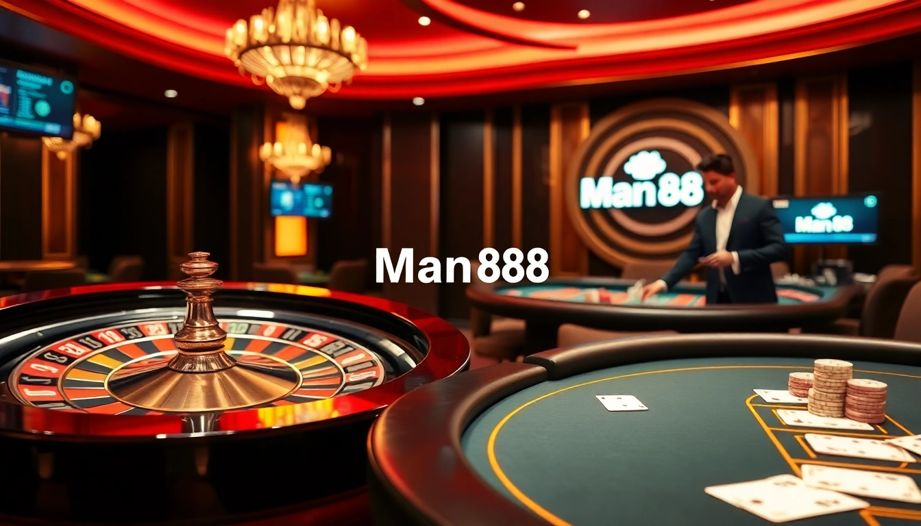 Experience the thrill of gaming with Man88, premium poker chips and roulette in a luxurious casino setting.