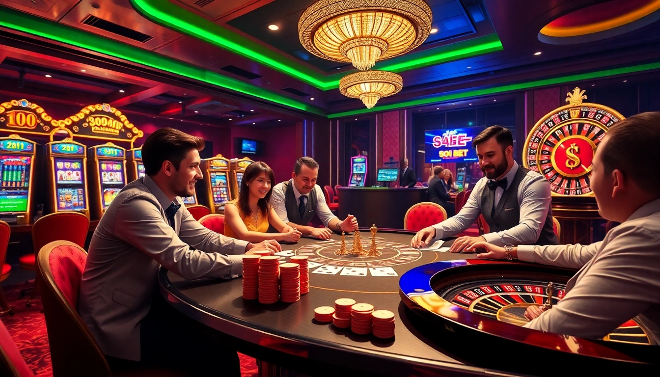 Experience high-stakes gaming action at SOIBET with poker tables, glowing slot machines, and exciting roulette spins.