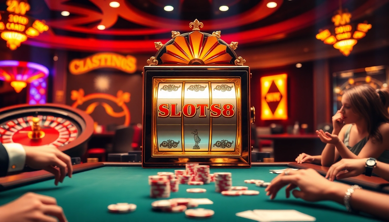 Players enjoying the thrill of SLOTS8 at a vibrant casino, surrounded by chips and lights.