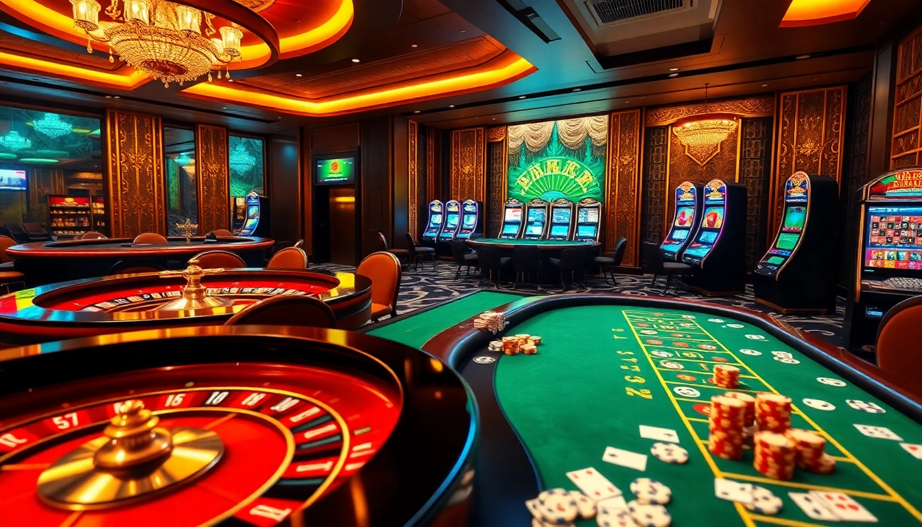 Experience the luxury and excitement of 8kbet with a vibrant casino scene showcasing table games and slot machines.