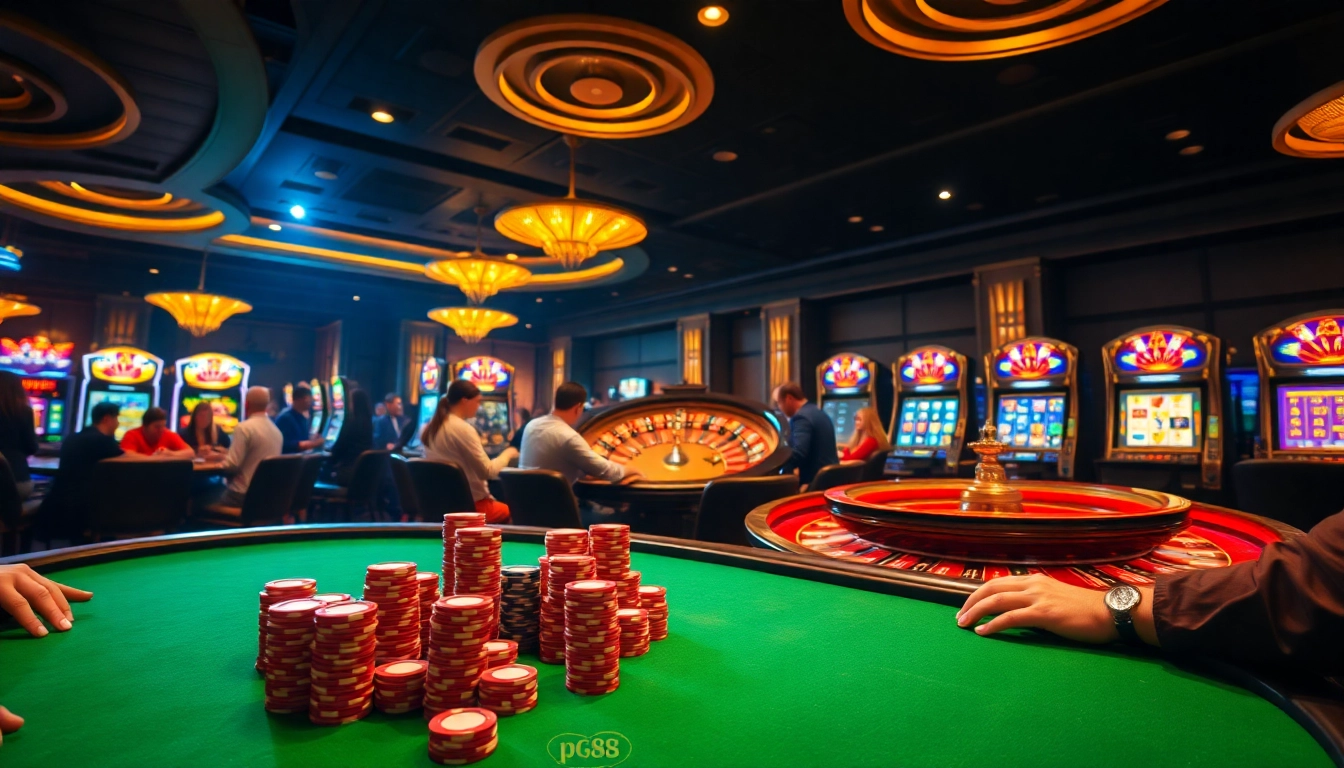 Engaging poker players elevate their game at pg88 nhà cái casino with vibrant chips and roulette excitement.