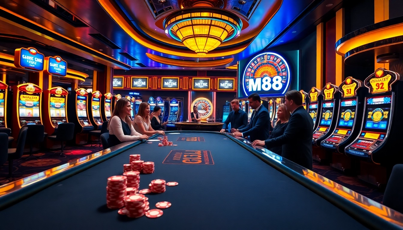 M88-themed gaming table excitement with professional dealers and vibrant casino lights.