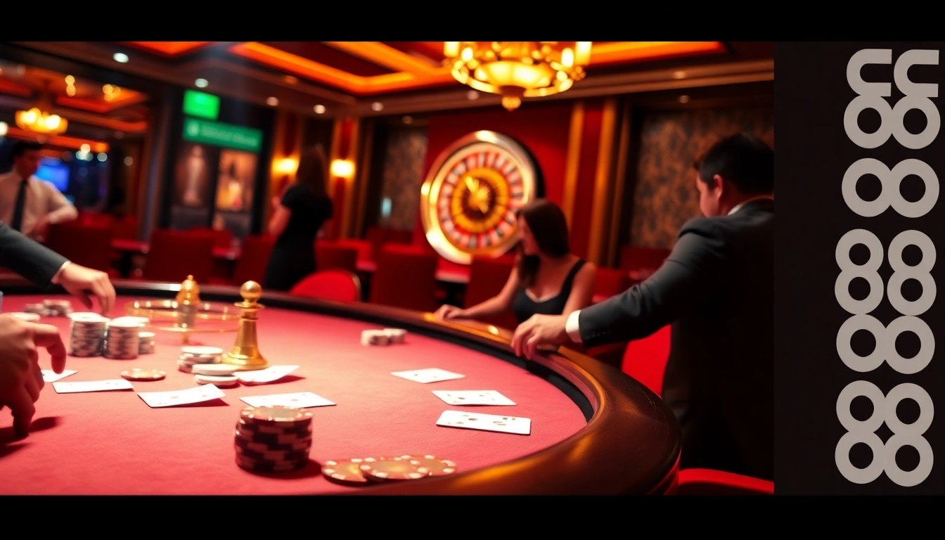 Players enjoying a thrilling poker game at EE88 casino with vibrant atmosphere.