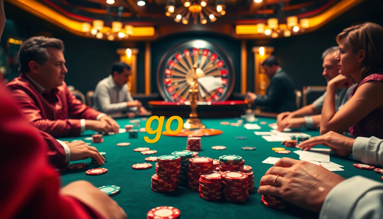 Experience excitement at the go 88 poker table with colorful chips and intense players.