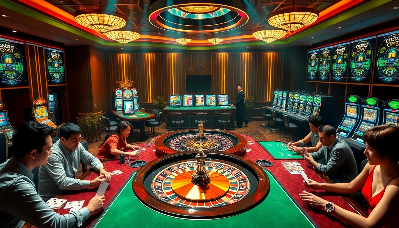 Experience the thrill of casino gaming with players at https://go8.live/ surrounded by roulette wheels and slot machines.
