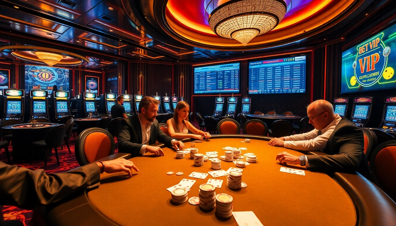 Trải nghiệm cảm giác hồi hộp của các trò chơi cược cao tại casino Bet VIP, nổi bật với các ván poker hấp dẫn và không gian sang trọng.