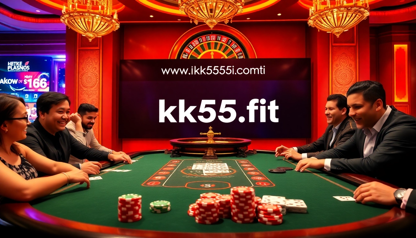 Gambling excitement at a poker table featuring elements from https://kk55.fit/ including cards and chips.