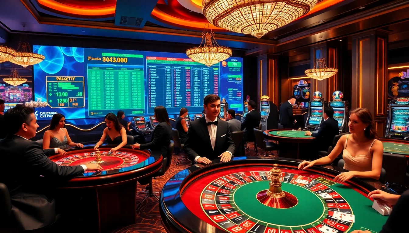 Players engaging in various games at nhà cái xin88 casino, with vibrant slots and a roulette wheel.