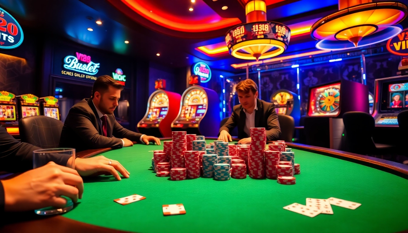 VJ88 poker table with professional players in an engaging casino atmosphere.