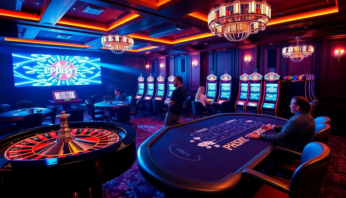 Players enjoying their wins at a lively PHSKY casino with roulette and slot machines.