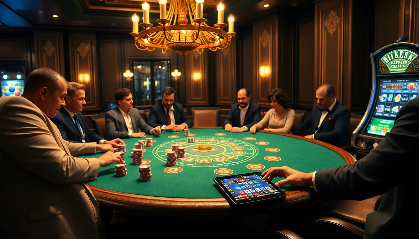 Players strategizing at a blackjack table, showcasing an exciting atmosphere with s8 slots in the background.