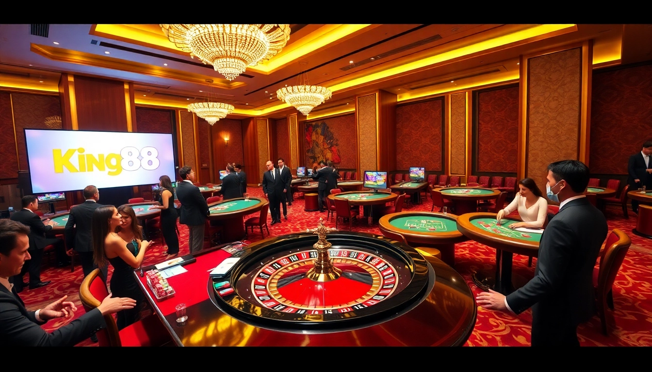 Experience thrilling gameplay with king88 at an exciting casino setting filled with roulette tables and poker games.