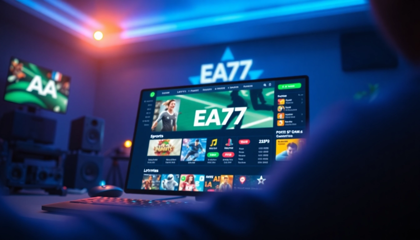 Experience the thrill of online gaming with EA77's vibrant interface displaying sports betting and casino games.