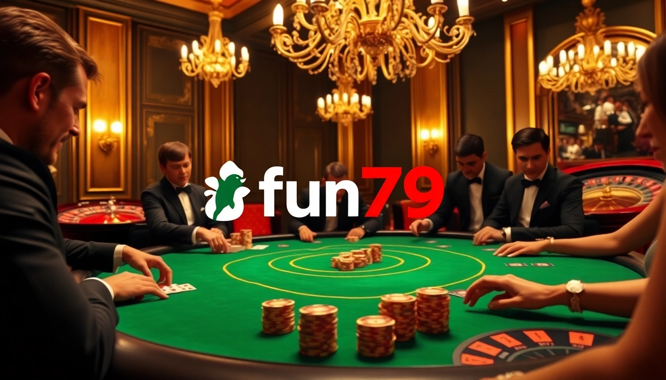 Engaged players at a luxurious poker table in a casino atmosphere, highlighting fun79 excitement.