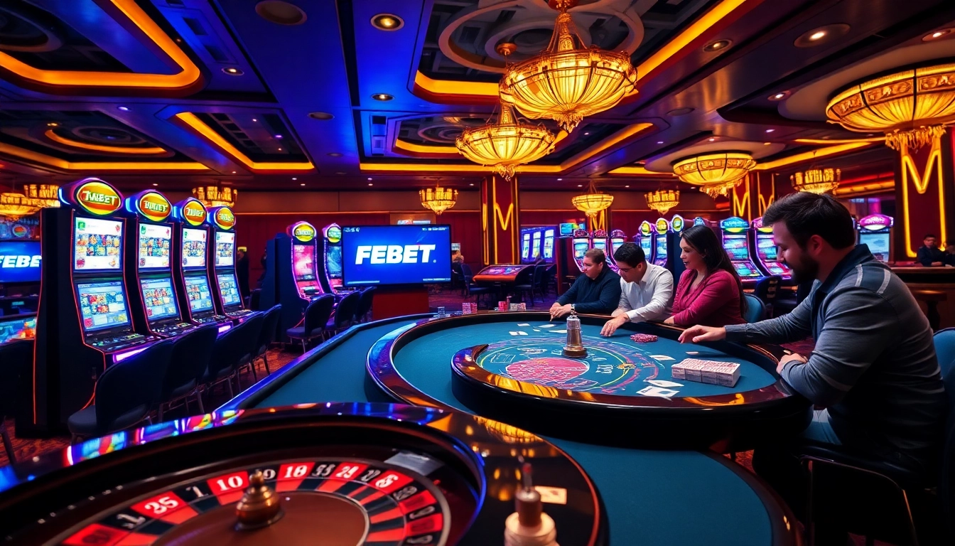 Experience the thrilling atmosphere of FEBET with intense poker action and vibrant casino decor.