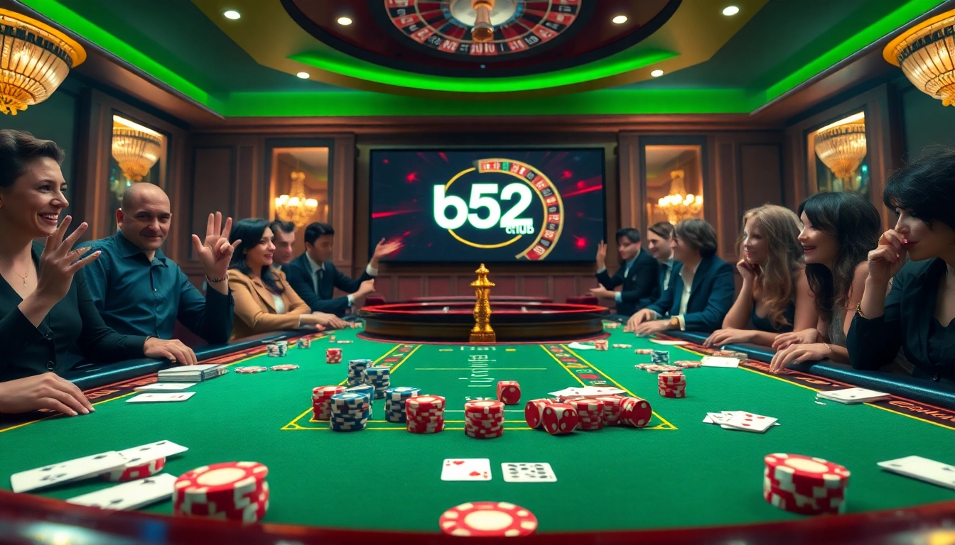 Players engaged in thrilling games at b52club casino with vibrant chip stacks and cards.